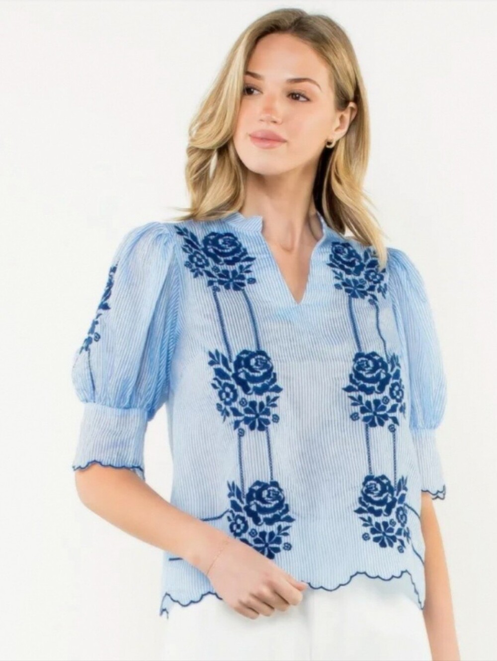 THML Embroidered Top Sz Small Pinstripe  Blue & White Puff Sleeve Resort Shirt